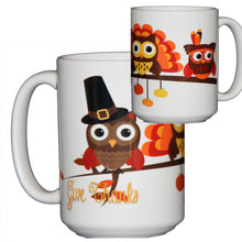 Thanksgiving Coffee Mug Hostess Gift Adorable Cartoon Owls on a Tree Branch "Give Thanks"