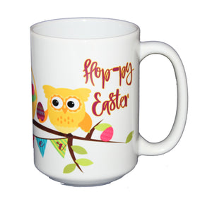 Hoppy Easter Coffee Mug -  Hostess Gift Adorable Cartoon Owls on a Tree Branch Bunny and Eggs