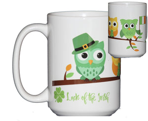 St Patricks Day Coffee Mug Hostess Gift Adorable Cartoon Owls on a Tree Branch "Luck of the Irish"