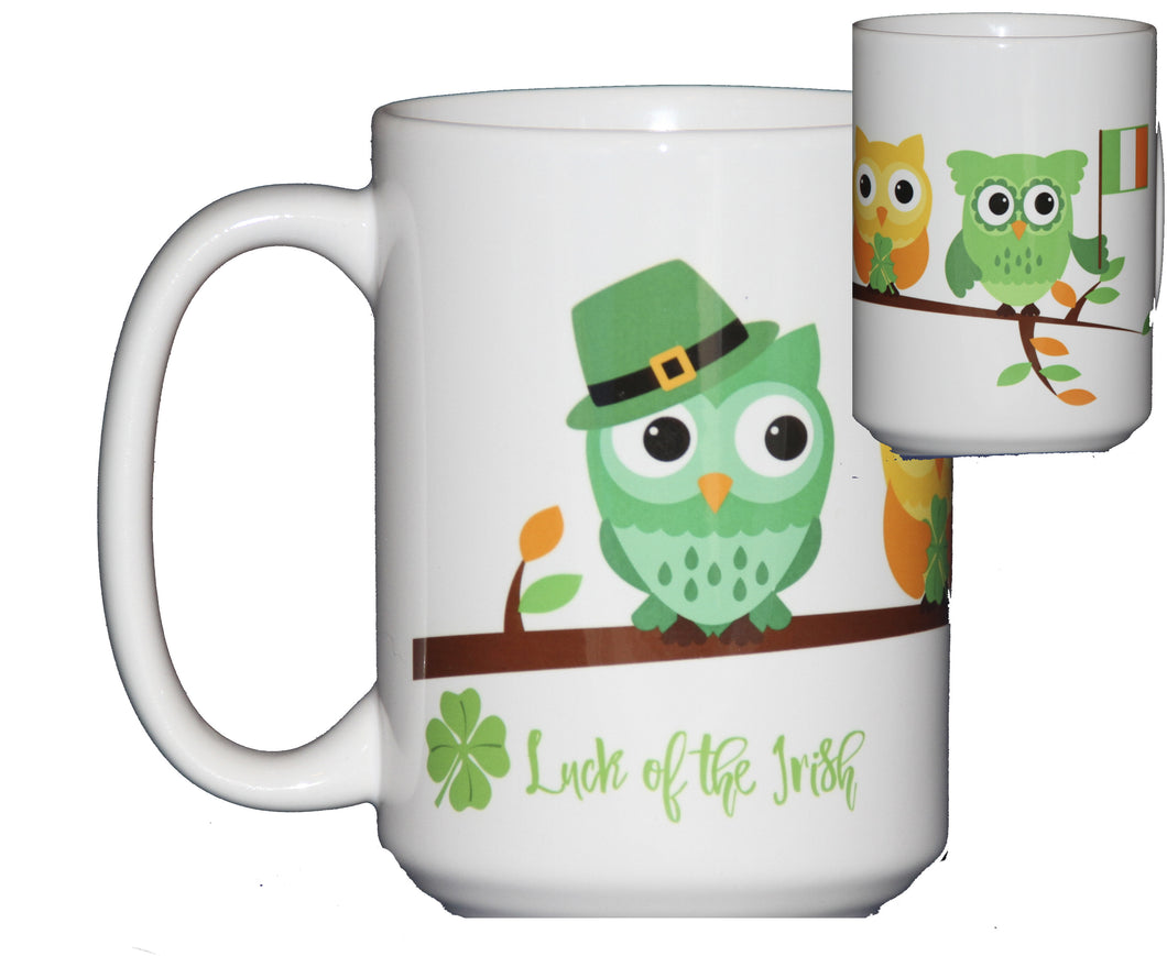 St Patricks Day Coffee Mug Hostess Gift Adorable Cartoon Owls on a Tree Branch 