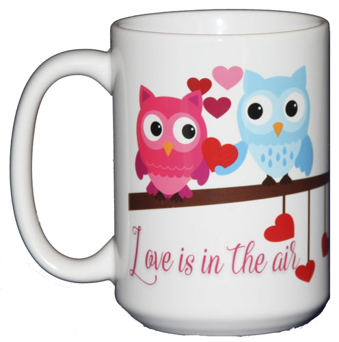 Valentines Day Coffee Mug Hostess Gift Adorable Cartoon Owls on a Tree Branch 
