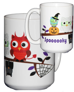 Halloween Coffee Mug Hostess Gift Adorable Cartoon Owls on a Tree Branch "Spooky"