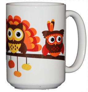 Thanksgiving Coffee Mug Hostess Gift Adorable Cartoon Owls on a Tree Branch "Give Thanks"
