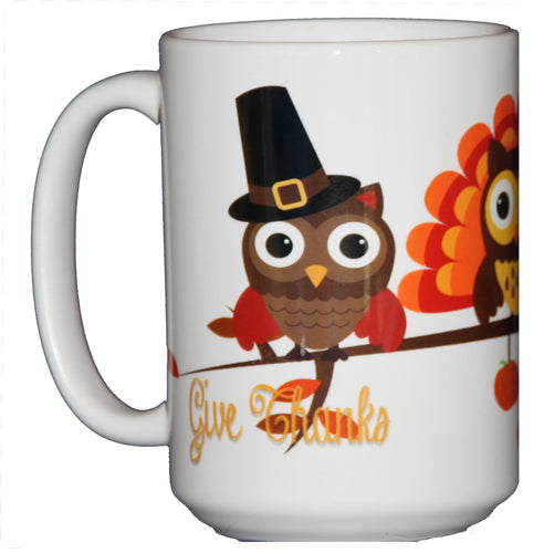 Thanksgiving Coffee Mug Hostess Gift Adorable Cartoon Owls on a Tree Branch 