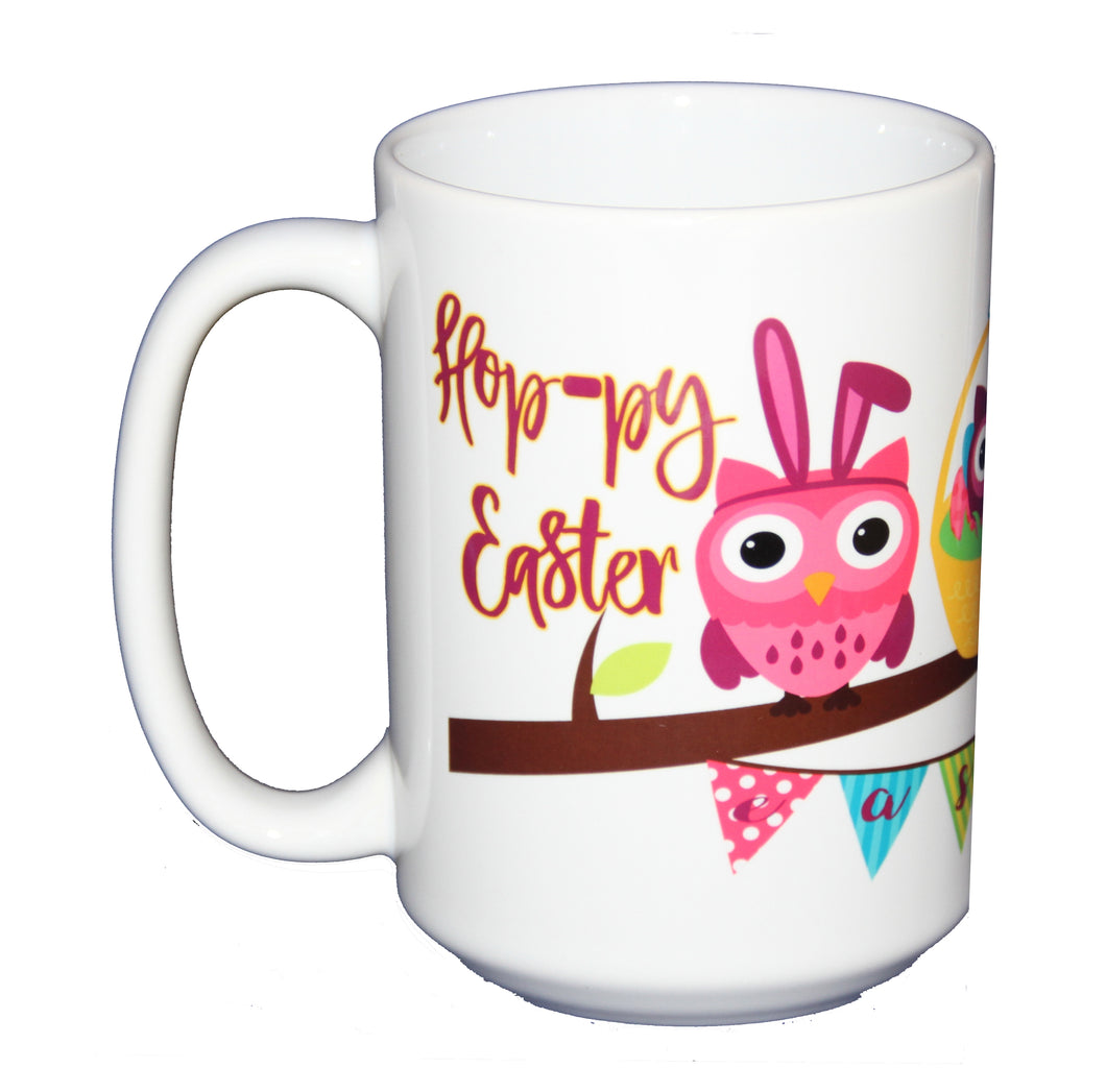 Hoppy Easter Coffee Mug -  Hostess Gift Adorable Cartoon Owls on a Tree Branch Bunny and Eggs