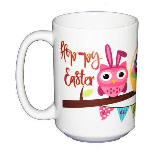 SECOND STRING Hoppy Easter Coffee Mug -  Hostess Gift Adorable Cartoon Owls on a Tree Branch Bunny and Eggs