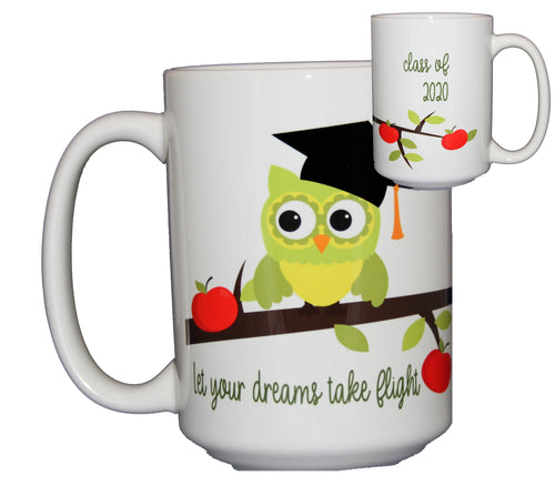 SECOND STRING Graduation Owl on a Branch with Apples - Class of 2020 - 15oz Coffee Mug - Let Your Dreams Take Flight